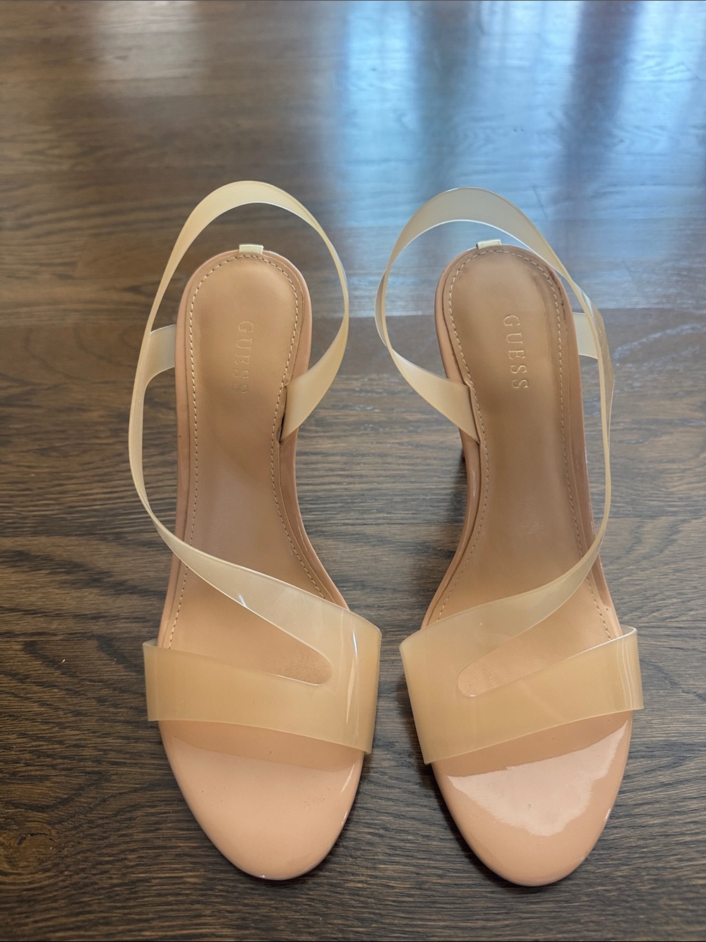 Guess Nude Patent & Clear Strap Heels